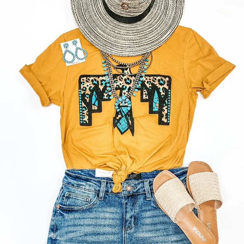 Women's Evening Garments Cherokee Hills Turquoise Leopard Thunderbird Short Sleeve Graphic Tee in Mustard Yellow