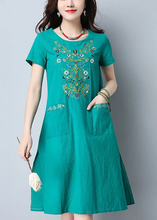 Women's Evening Outfit Women Green O-Neck Side Open Embroideried Pockets Cotton Dresses Short Sleeve