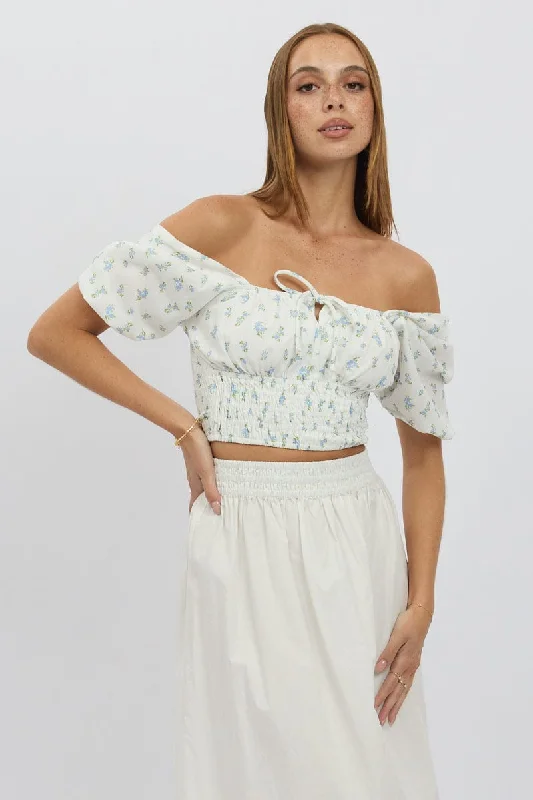 Women's Athletic Outfit Blue Ditsy Crop Top Short Sleeve Shirred Waist