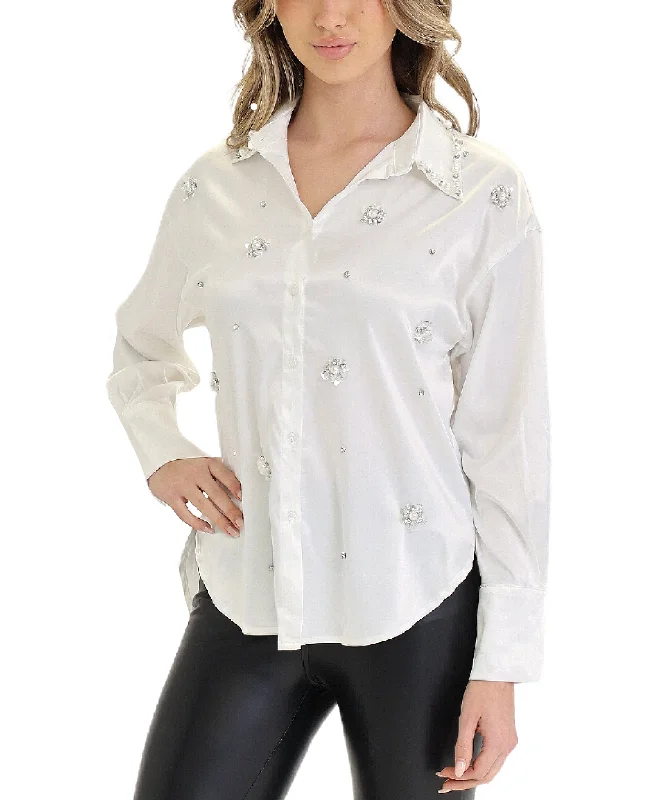 Women's Plus-Size Garments Satin Blouse w/ Sequin & Pearls