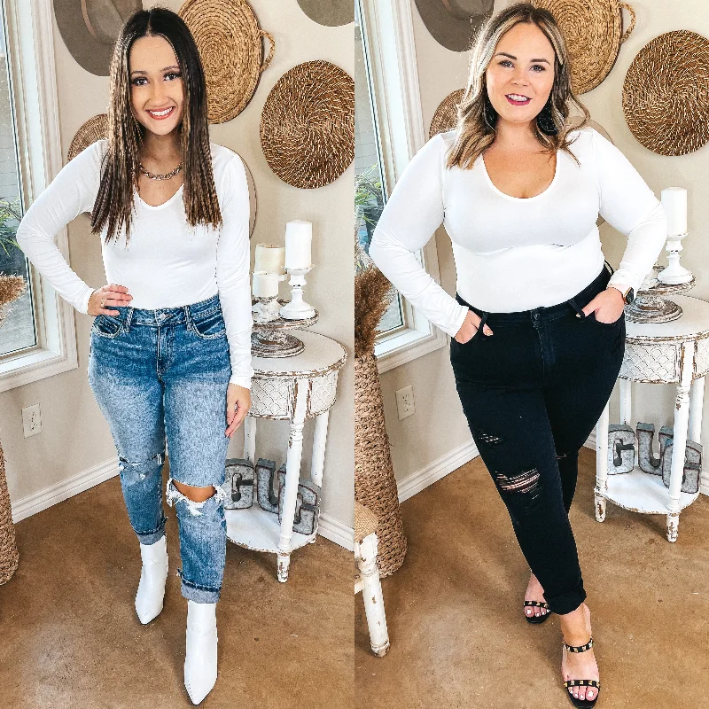 Vintage-Inspired Women's Clothes Over the Top V Neck Long Sleeve Bodysuit in White