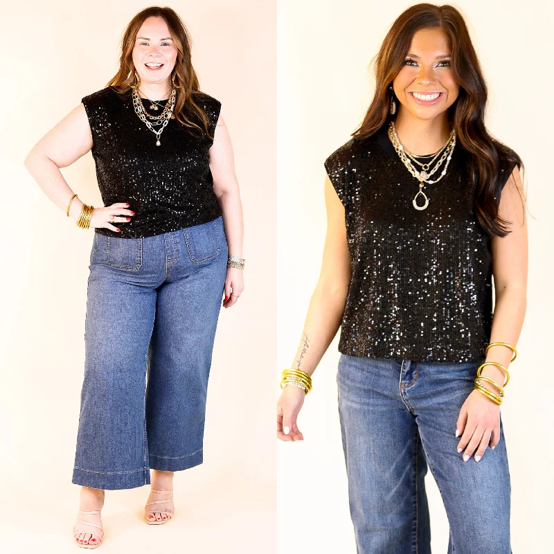 Women's Festive Attire Sequin Sleek Black Sleeveless Top