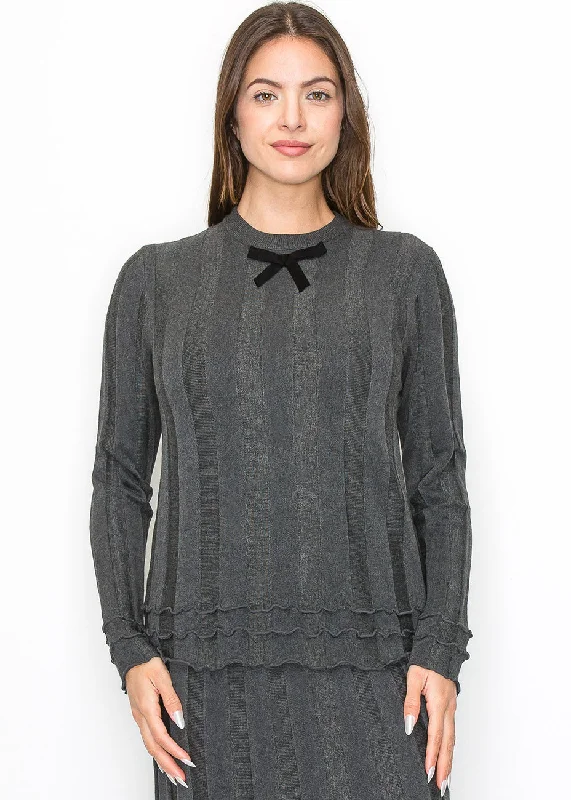 Women's Clothes And Garments Grey Ribbed Knit Top with Bow Detail