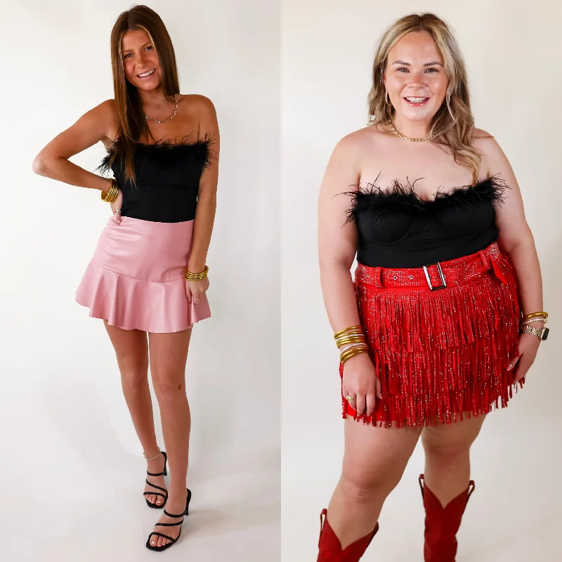 Women's Cozy Winter Attire Movie Star Status Strapless Ribbed Bodysuit with Feathers in Black
