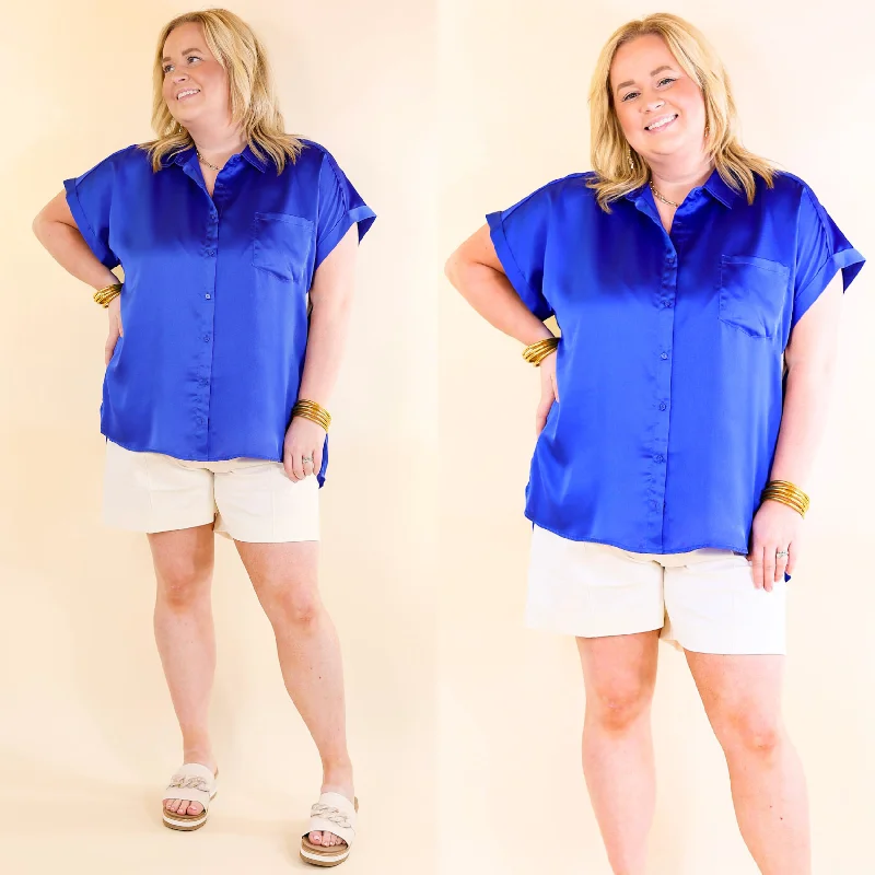 Women's Wardrobe Apparel Free To Be Fab Button Up Short Sleeve Top in Royal Blue