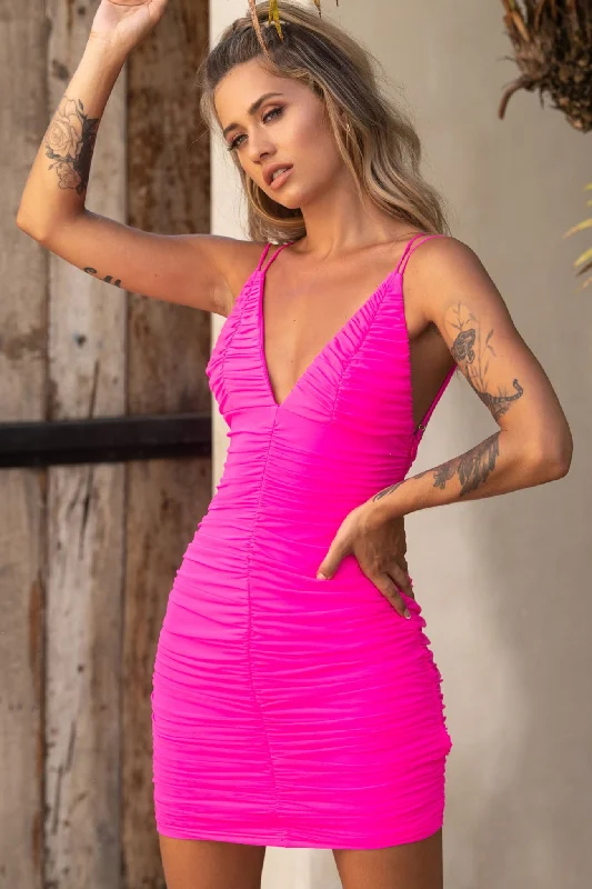 Women's Work Outfit Dancing Queen Strappy Back Ruched Mesh Dress Hot Pink