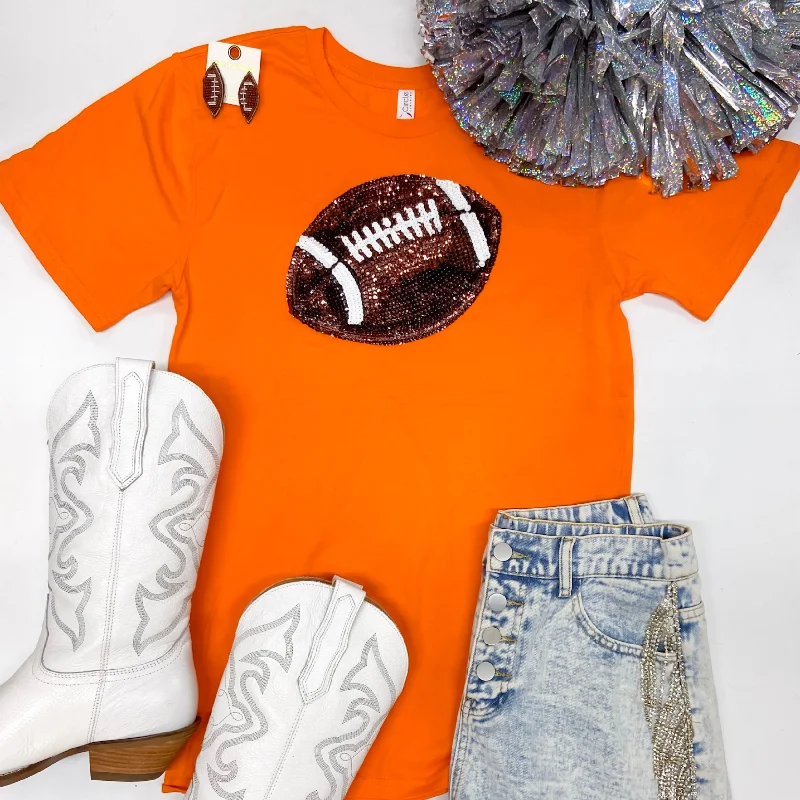 Women's Holiday Attire It's A Win Sequin Patch Football Short Sleeve Graphic Tee in Orange