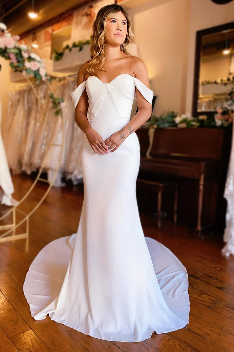 Chic Women's Outfit Wedding Dress Simple White Mermaid Off-the-Shoulder