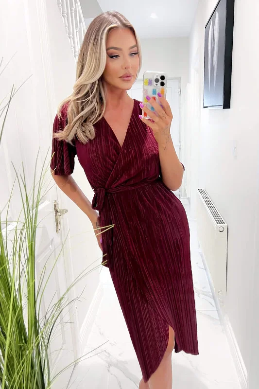 Women's Holiday Clothing Trixie Wine Wrap Style Belted Midi Dress