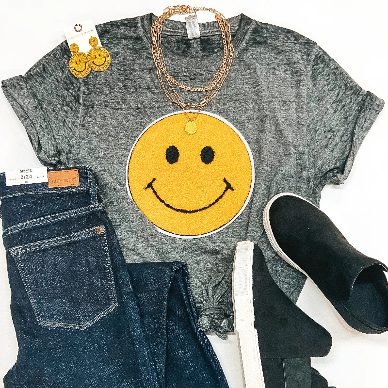 Casual Attire For Women A Smile A Day Fuzzy Happy Face Short Sleeve Graphic Tee in Grey Acid Wash