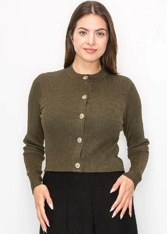 Women's Timeless Attire Olive Green Ribbed Knit Cardigan