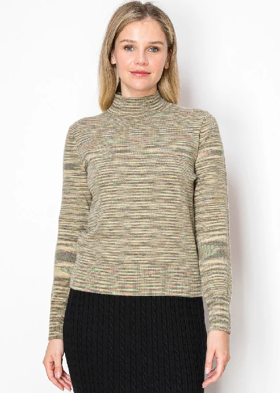 Women's Elegant Evening Attire Olive Striped Mock Turtleneck Sweater