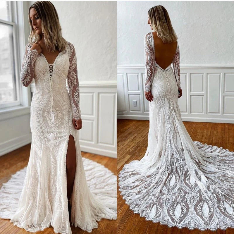 Affordable Luxury Women's Garments V Neck Lace Applique Wedding Dresses Vintage Mermaid Slit Wedding Dresses