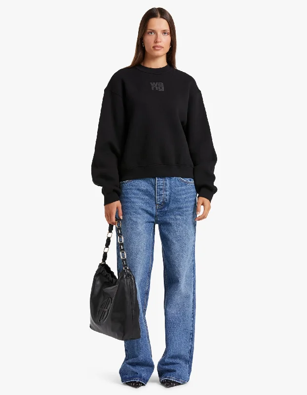 Stylish Women's Garments Essential Terry Crew Sweatshirt W/Puff Paint Logo - Black
