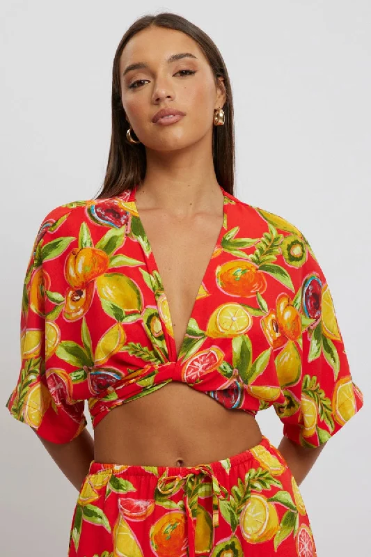 Women's Clothes And Apparel Sets Red Abstract Tie Up Bolero Short Sleeve