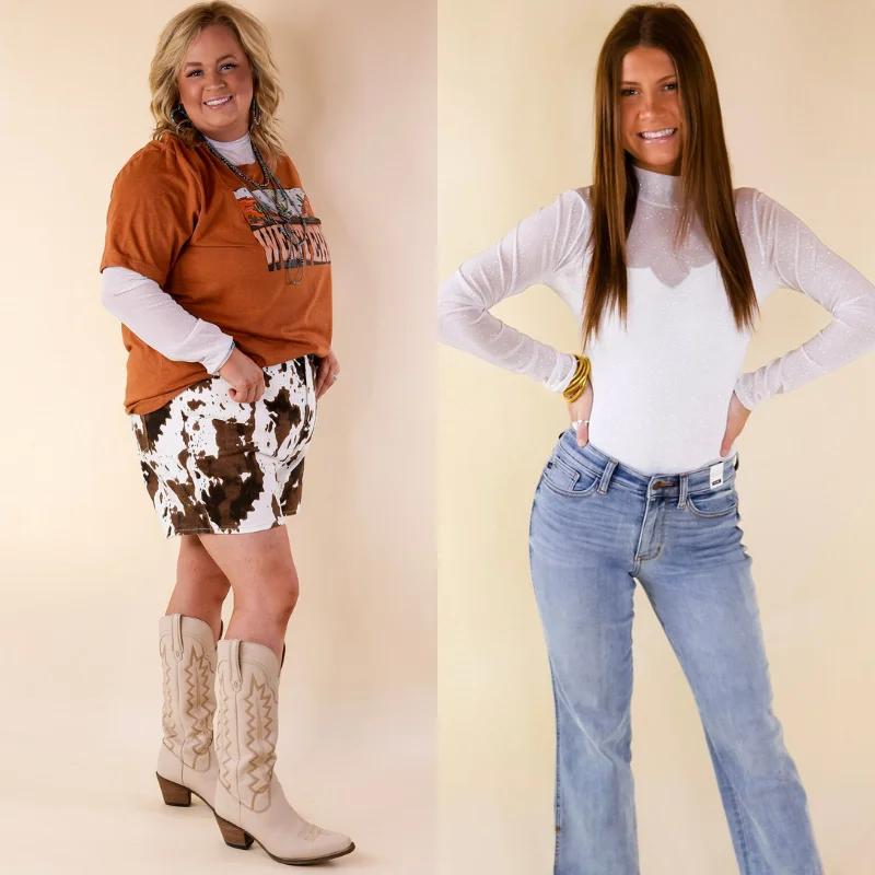 Women's Clothing For Everyday Wear Try Your Luck Glitter Mesh Long Sleeve Bodysuit in White
