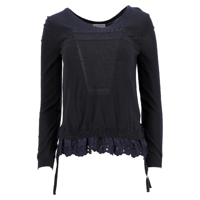 Stylish Women's Attire Moncler Floral Lace Trim Round Neck Sweater in Navy Blue Wool