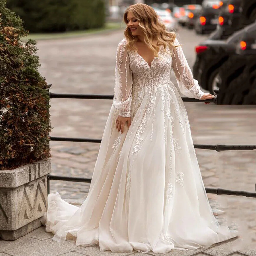 Women's Active Garments For Workouts Gorgeous A-line Plus Size Wedding Dresses Tulle Long Sleeve Bridal Gown Sweep Train Oversize Bride Dress Robe de Mariee