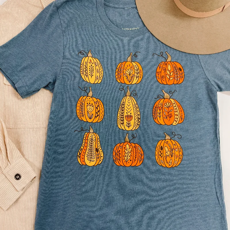 Women's Seasonal Garments Painted Pumpkins Short Sleeve Graphic Tee in Dusty Blue