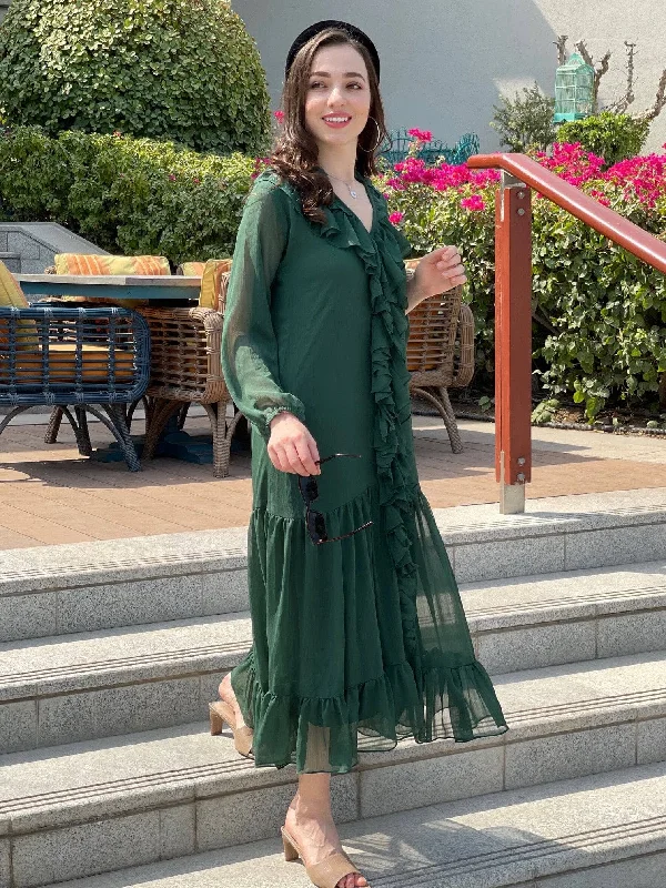 Women's Seasonal Clothes Frilly Solid Dress In Green