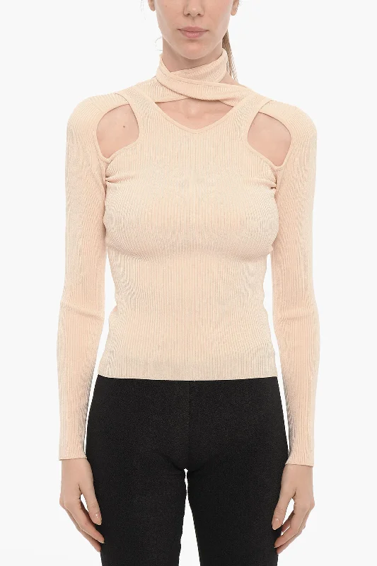 Women's Trendy Casual Outfit Coperni Solid Color Ribbed Sweater with Cut-Out Details