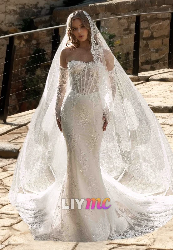 Women's Vacation Attire Sweetheart Sleeveless Lace Appliques Mermaid Wedding Dress