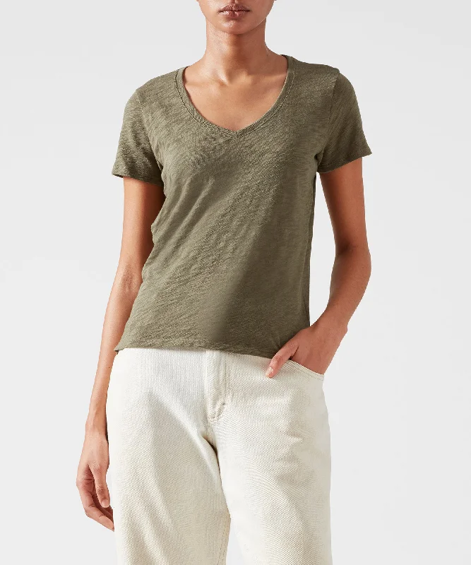 Women's Luxury Attire Slub Jersey Schoolboy V-Neck Tee - Army