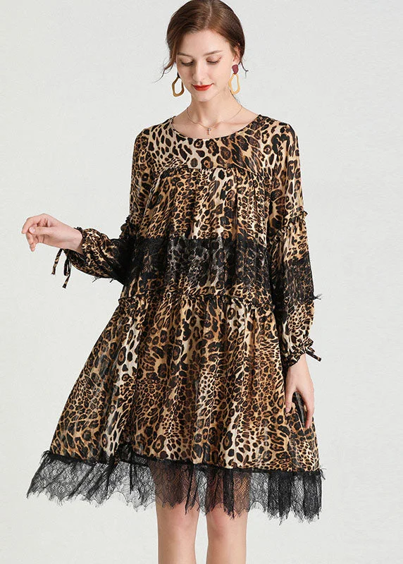 Charming Women's Outfit For Special Occasions Fashion Leopard Patchwork Lace Fall Chiffon Dress