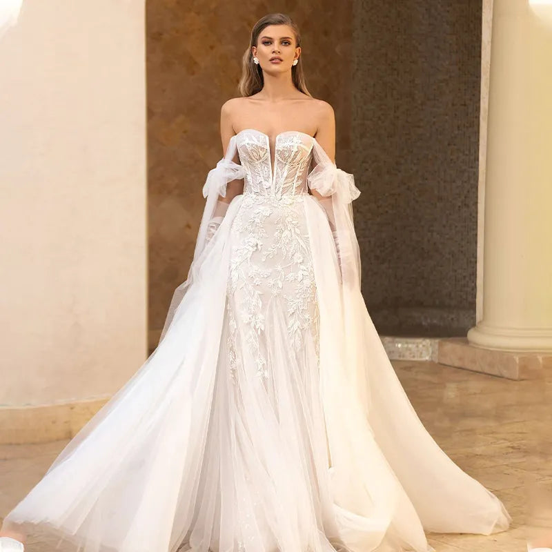 Women's Urban Clothing Gorgeous Off Shoulder Detachable Train Lace Appliques Sweetheart Wedding Dress Elegant Floral Pattern Tulle Mermaid Bridal Gown