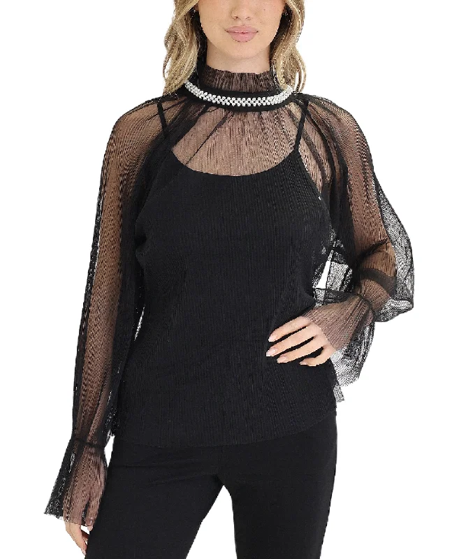 Women's Travel Garments Mesh Blouse w/ Pearl Trim