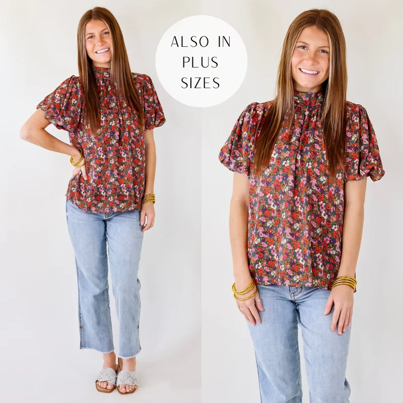 Women's Romantic Outfit All Day Divine Mock Neck Floral Short Sleeve Top with Tie Back