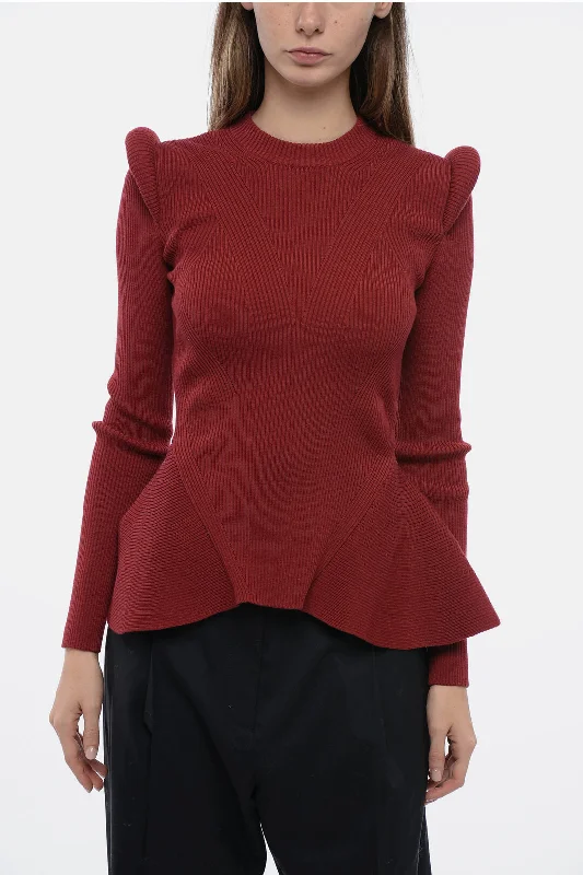 Women's Party Clothes Alexander McQueen Crew Neck Sweater with Padded Shoulders and Peplum Hem