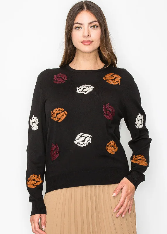 Women's Clothing Sets Black Garden Embroidered Sweater