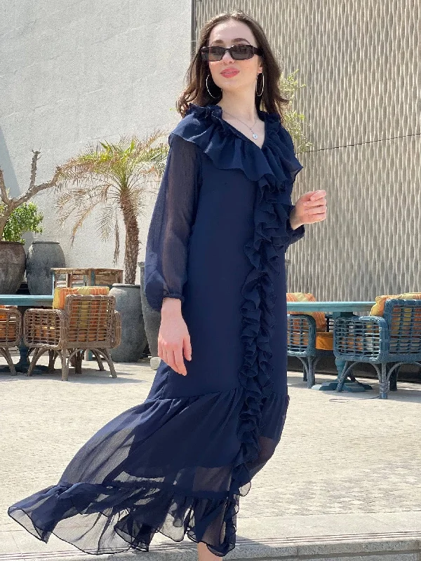 Women's Plus-Size Garments Frilly Solid Dress In Blue