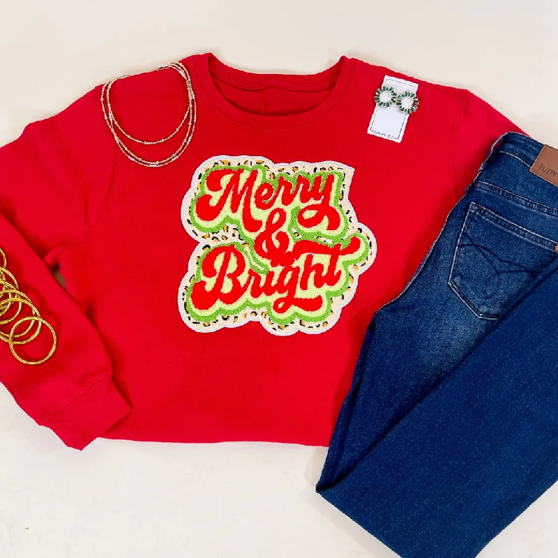 Women's Trendy Clothes Merry and Bright Graphic Sweatshirt with Cheetah Print Backing in Red