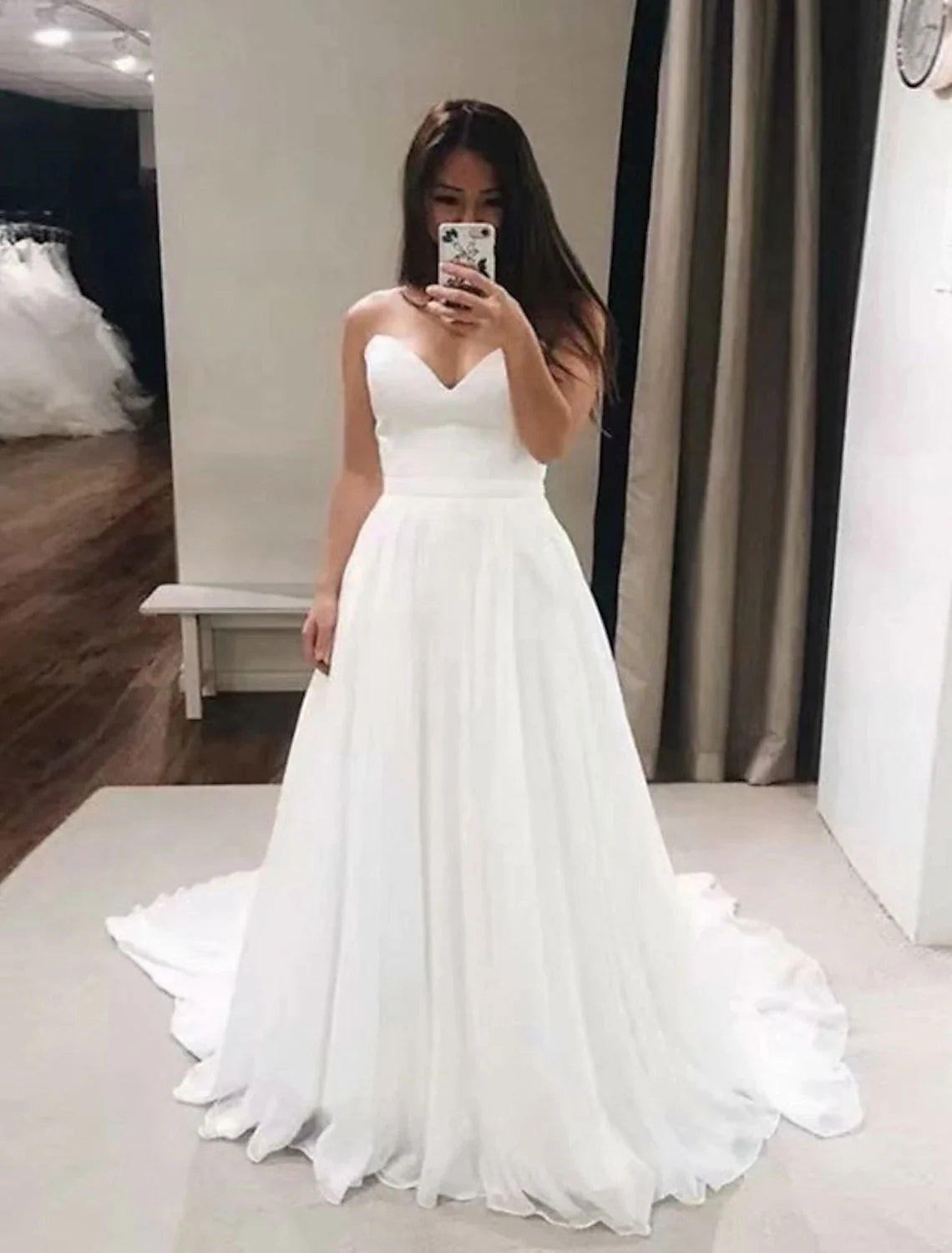 Women's Elegant Outfit Reception Casual Formal Wedding Dresses A-Line Sweetheart Strapless Court Train Chiffon Bridal Gowns With