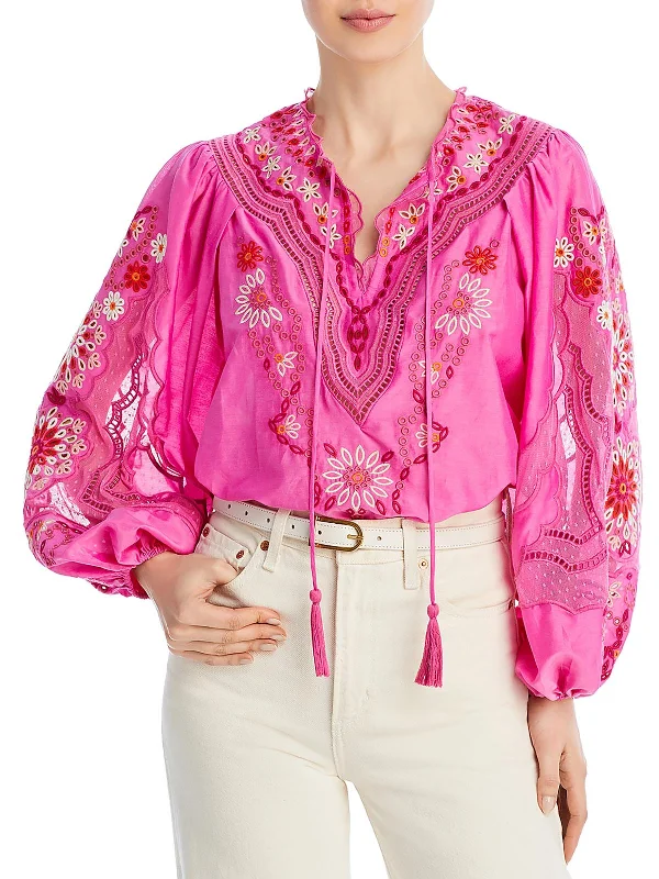 Women's Effortless Casual Outfit Womens Silk Blend Embroidered Blouse