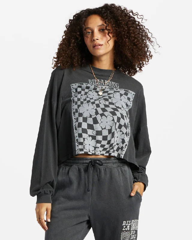 Women's Work Outfit For The Office Billabong Beach Boyfriend Long Sleeve Crop Top - BLACK PEBBLE