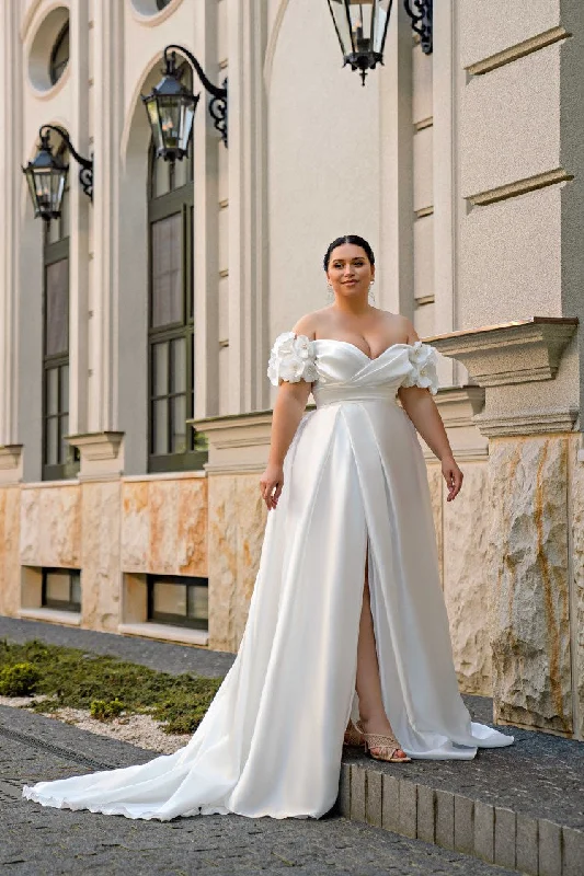 Women's Cozy Clothes Plus Size Wedding Dresses Big Women Bride Dress Off The Shoulder V Neck Pearls Flower Satin A Line Corset Bridal Gown