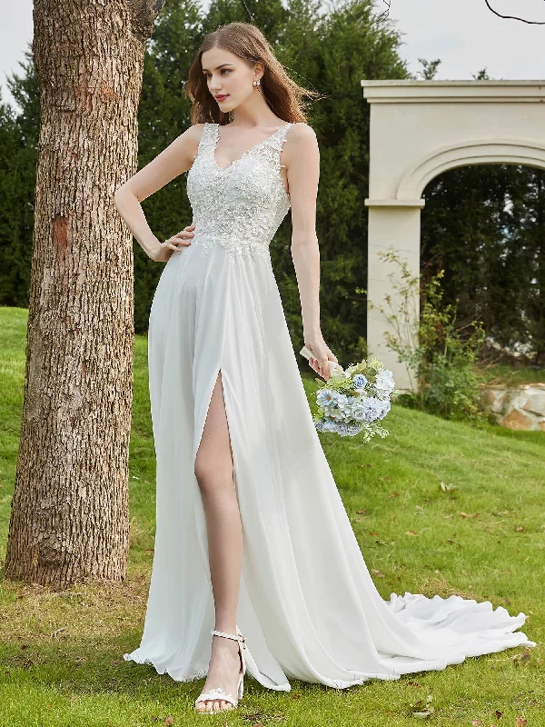 Women's Holiday Clothes Wedding Dress Lace V-Neck Chiffon Split Fork Backless Elegant Dress