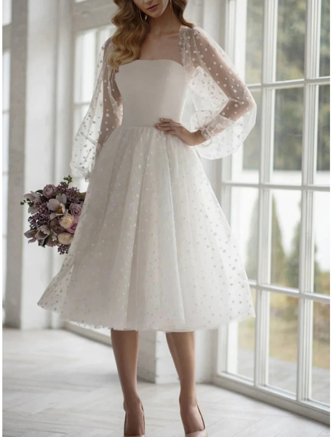 Women's Clothes For Special Occasions Wedding Dresses Ball Gown Sweetheart Long Sleeve Tea Length Tulle Bridal Gowns With Pleats