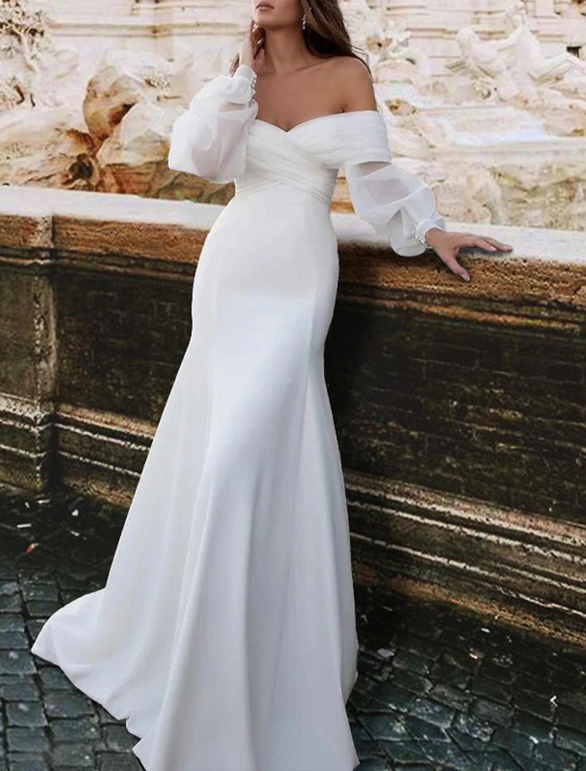 Comfortable Women's Clothes Reception Casual Wedding Dresses Mermaid / Trumpet Off Shoulder Long Sleeve Sweep / Brush Train Satin Bridal Gowns With Ruched