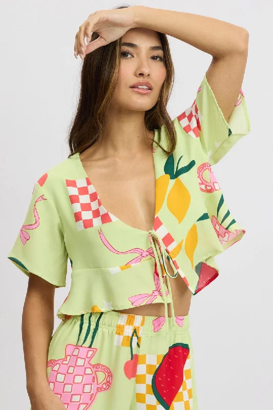Classic Women's Apparel Multi Abstract Tie Up Top Short Sleeve Crop