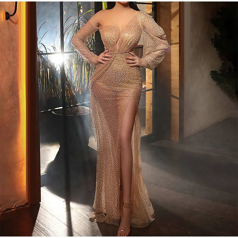 Women's Casual Garments FashionSierra - Gold Stamping Night Party Long Sleeve Dress