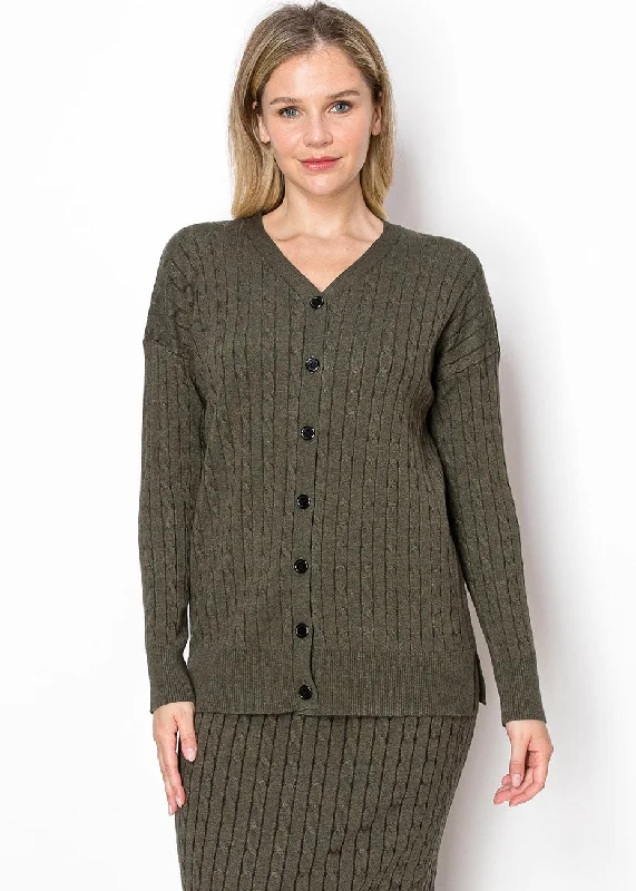 Women's Elegant Garments Olive Cable Knit Button-Down Cardigan