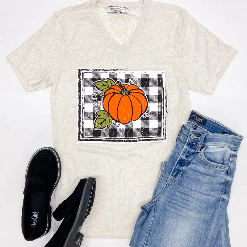 Women's Outerwear Garments Last Chance Size Small | Buffalo Plaid Pumpkin Short Sleeve Graphic Tee in Light Beige