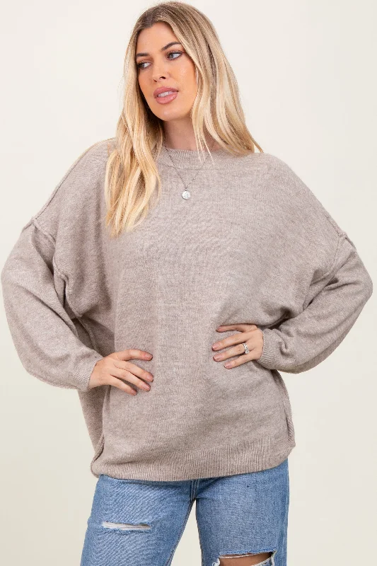 Chic Clothing For Women Taupe Oversized Crewneck Melange Knit Sweater