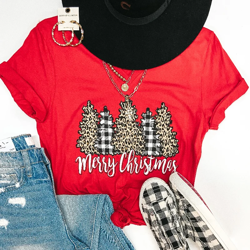 Women's Elegant Clothing Sets Last Chance Size Small | Merry Christmas Leopard and Buffalo Plaid Christmas Trees Short Sleeve Graphic Tee in Red