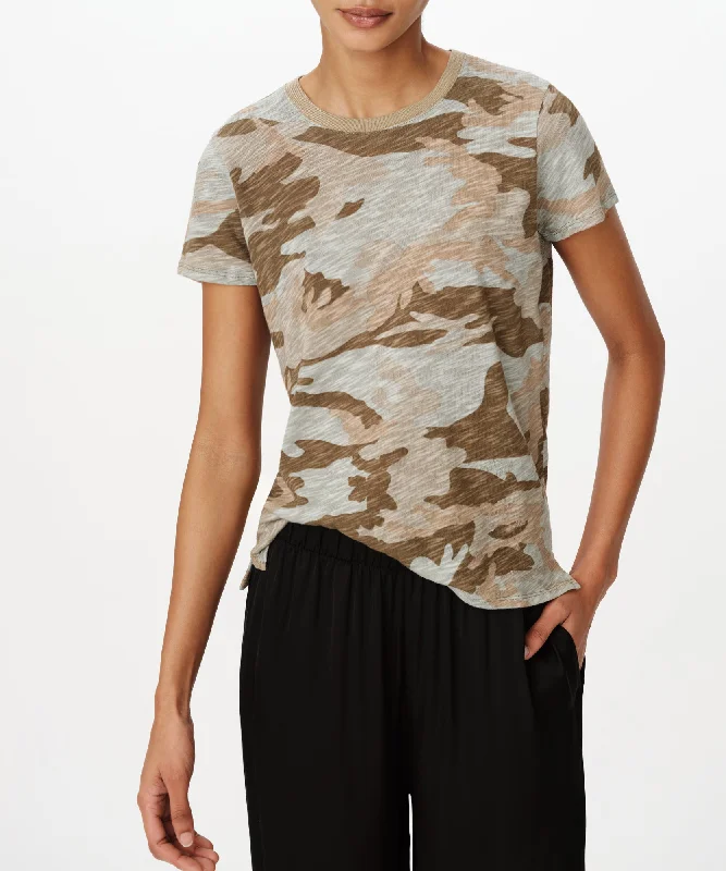 Women's Athletic Outfit Slub Jersey Camo Schoolboy Short Sleeve Crew Neck Tee - Faded Army-Multi