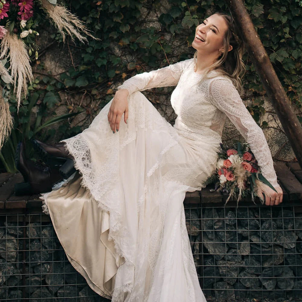 Women's Occasion Wear Apparel Sheath Mermaid Brush Train Long Sleeve Backless Lace Scoop Wedding Dress Gown